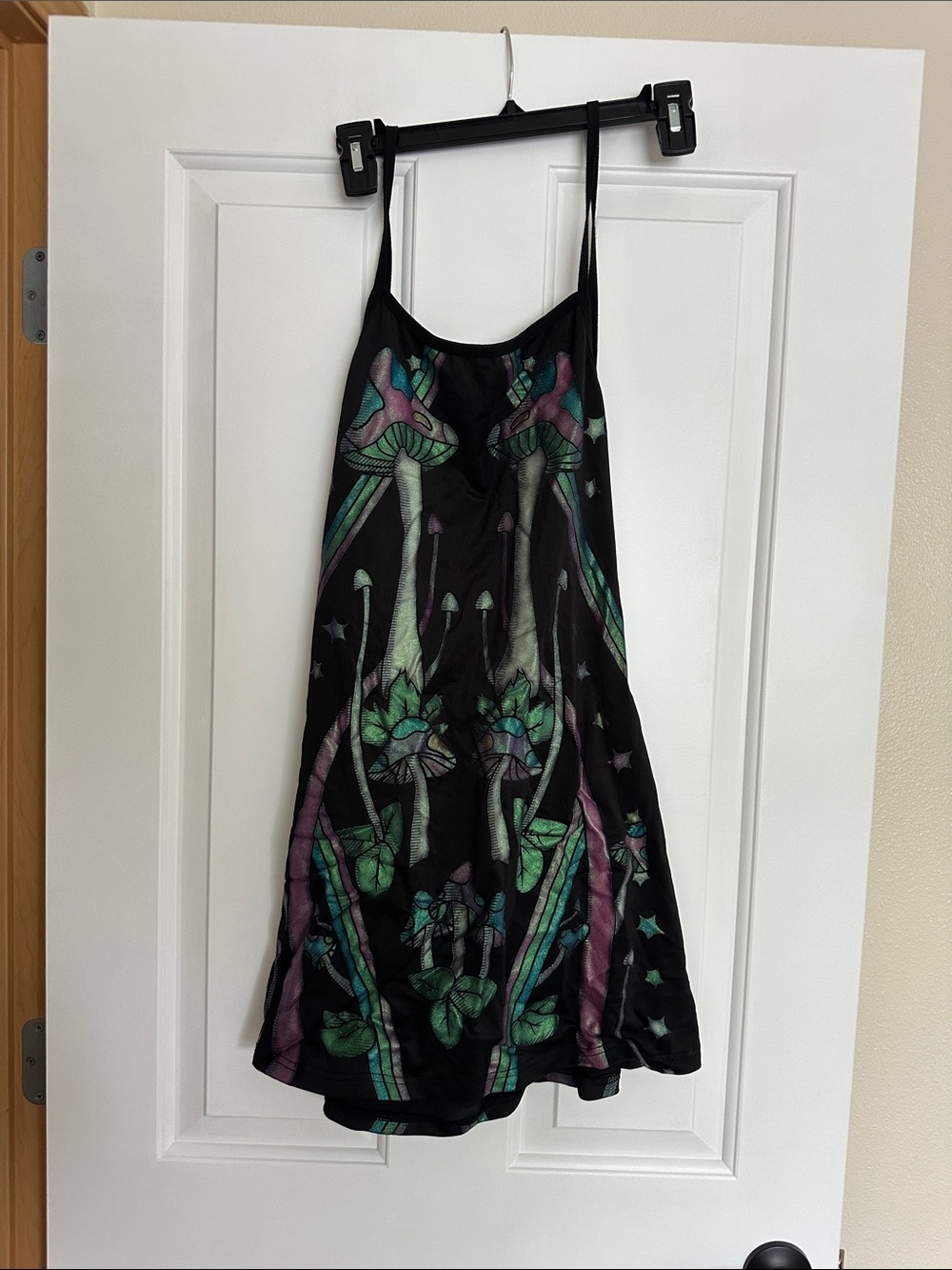 Black Slip Dress with Iridescent Green & Purple Graphic